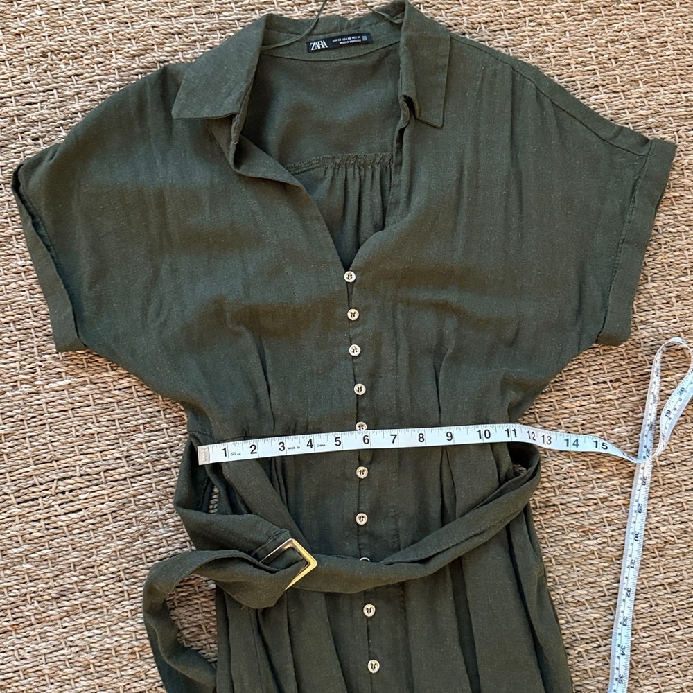 ZARA Olive Green Midi Shirt Dress with Button Front and Tie Belt Size XS - Picture 6 of 6